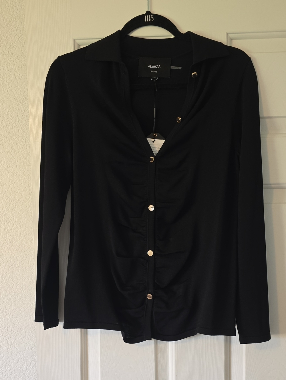 Aleeza Black Long-Sleeve Ruched Button Top Sz Sm Nwt